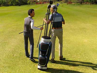 Two Golf Players Preparing Clubs Near Bag On Golf Course 3d model