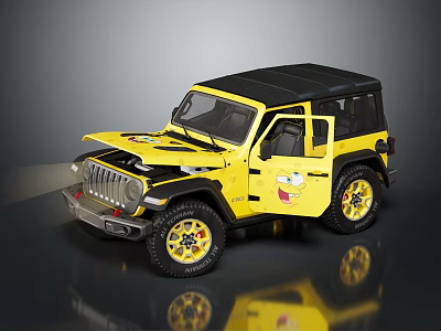 Yellow and Black Off Road Vehicle With Cartoon Stickers Open Top And Unique Wheels 3d model