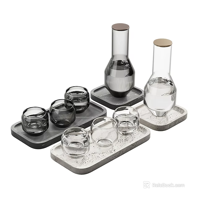 Modern Ceramic Vessels And Glass Cups On Stylish Trays For Home Decor 3d model 