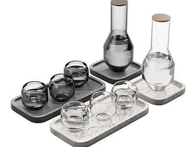 Modern Ceramic Vessels And Glass Cups On Stylish Trays For Home Decor 3d model