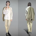 Woman Wearing White Shirt Beige Pants With Coat Draped Over Shoulder Front And Back View