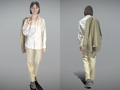 Woman Wearing White Shirt Beige Pants With Coat Draped Over Shoulder Front And Back View 3d model