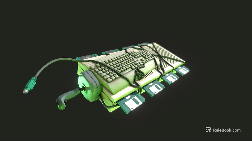 Vintage Green White Computer Keyboard With Headphones Floppy Disks Cables 3d model 