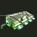 Vintage Green White Computer Keyboard With Headphones Floppy Disks Cables