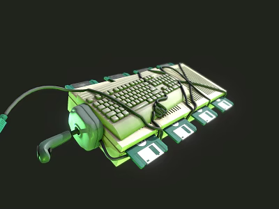 Vintage Green White Computer Keyboard With Headphones Floppy Disks Cables 3d model