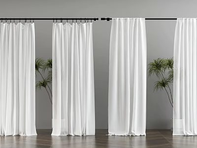 White Curtains Display with Black Rod Gray Wall Dark Wooden Floor and Green Plants 3d model