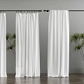 White Curtains Display with Black Rod Gray Wall Dark Wooden Floor and Green Plants