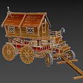 Wooden Carriage Featuring House like Structure Red Roof Windows and Wheels