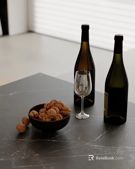 Decorative Ornament Set Including Walnuts Bowl Wine Bottles and Wine Glass on Black Marble Tabletop 3d model 