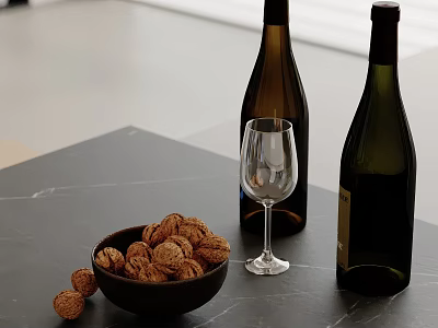 Decorative Ornament Set Including Walnuts Bowl Wine Bottles and Wine Glass on Black Marble Tabletop 3d model