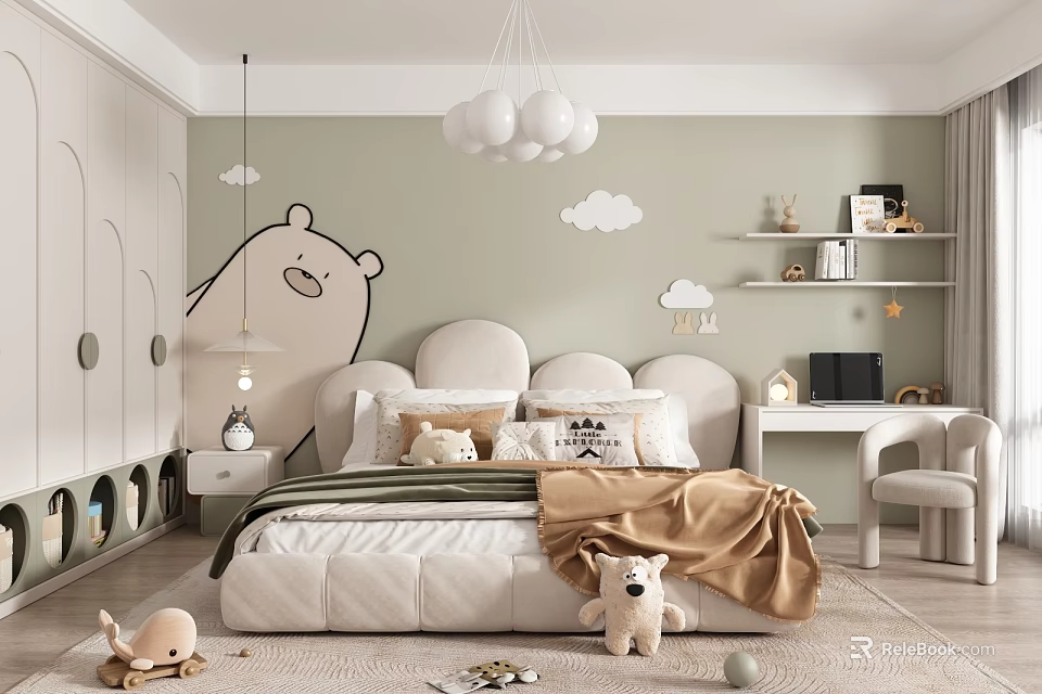Cozy Kids Room With Green Wall Cloud Decors Cartoon Bear And White Ball Pendant Light 3d model 