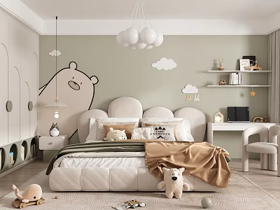 Cozy Kids Room With Green Wall Cloud Decors Cartoon Bear And White Ball Pendant Light 3d model