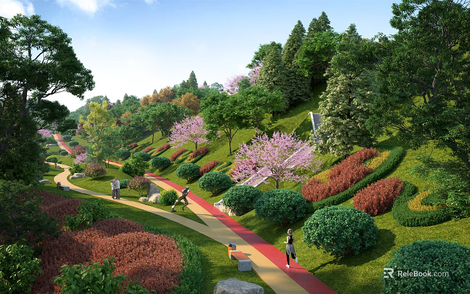 Scenic Garden Landscape with Green Hillside Red Pathway Walking People and Colorful Shrubs 3d model 