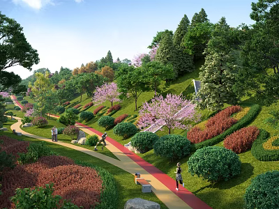 Scenic Garden Landscape with Green Hillside Red Pathway Walking People and Colorful Shrubs 3d model
