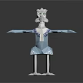 White Bird like 3D Character with Blue Dress and Green Eyes Spreading Arms