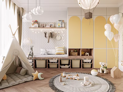 Cozy Kids Playroom Interior With Teepee Rug Toys And Storage 3d model