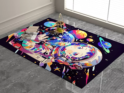 Square Rug with Colorful Astronaut Planets and Stars Modern Decorative Design for Room Floor 3d model