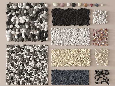 Various Colored Pebbles With Different Shapes Arranged In Square Display Panels 3d model