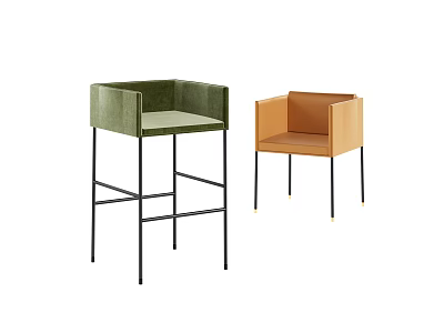 Velvet Green and Wooden Brown Bar Stools With Sleek Black Metal Legs For Home Decor 3d model