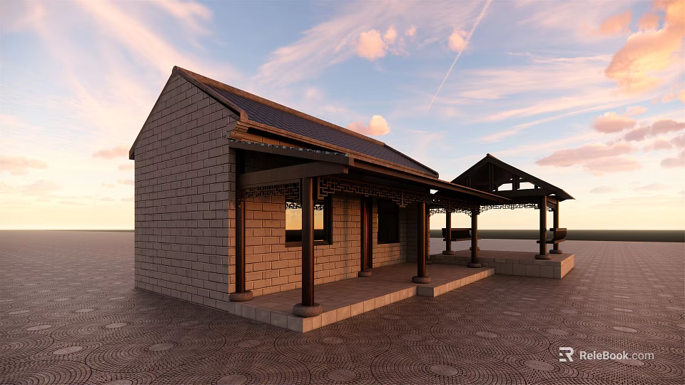 Traditional Pergola Structure With Brick Building Wooden Columns And Classic Roof Design 3d model 