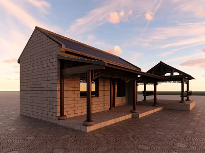 Traditional Pergola Structure With Brick Building Wooden Columns And Classic Roof Design 3d model