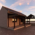 Traditional Pergola Structure With Brick Building Wooden Columns And Classic Roof Design