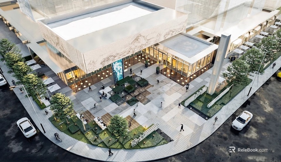 Modern Urban Plaza Exterior Featuring Glass Facade Open Square Greenery Pedestrians And Outdoor Seats 3d model 