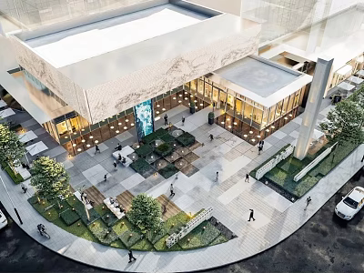 Modern Urban Plaza Exterior Featuring Glass Facade Open Square Greenery Pedestrians And Outdoor Seats 3d model