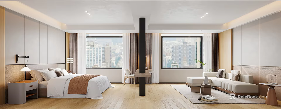 Hotel Room Interior Featuring Large Windows City View Comfortable Bed Wooden Floor And Seating Area 3d model 