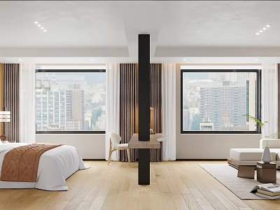 Hotel Room Interior Featuring Large Windows City View Comfortable Bed Wooden Floor And Seating Area 3d model