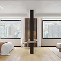 Hotel Room Interior Featuring Large Windows City View Comfortable Bed Wooden Floor And Seating Area