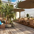 Tropical Garden Landscape With Glass Roof Wooden Deck Outdoor Seating And Lush Green Plants