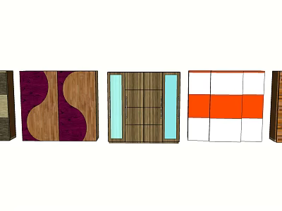 Various Design Wardrobes with Colorful Panels Wooden Texture and Modern Patterns 3d model
