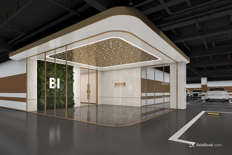 Underground Parking Garage E1 Entrance with Glass Doors Green Plant Wall and Marble Walls 3d model 