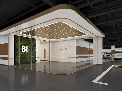 Underground Parking Garage E1 Entrance with Glass Doors Green Plant Wall and Marble Walls 3d model