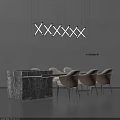 Modern Dining Table And Chairs Set With Marble Top And Hanging Light Against Gray Wall