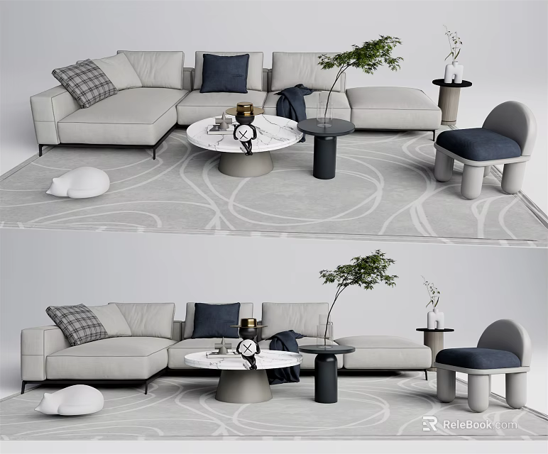 Modern Sofa Coffee Table Set With Plush Pillows Round Table And Accent Chair 3d model