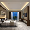Elegant Hotel Room Interior With Double Beds Sofa Desk And Decorative Paintings