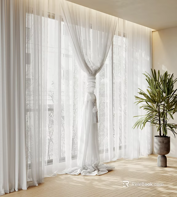 Light Filtering White Sheer Curtains Hanging By Window With Green Plant In Bright Indoor Space 3d model 