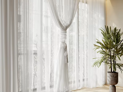 Light Filtering White Sheer Curtains Hanging By Window With Green Plant In Bright Indoor Space 3d model
