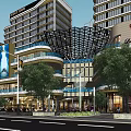 Modern Urban Commercial Complex with High Rise Buildings Retail Shops and Pedestrian Area