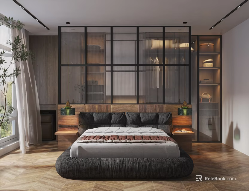 Modern Bedroom Design With Platform Bed Wooden Glass Partition Bedside Tables Green Lamps Herringbone Floor 3d model 