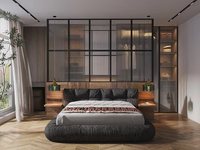 Modern Bedroom Design With Platform Bed Wooden Glass Partition Bedside Tables Green Lamps Herringbone Floor 3d model