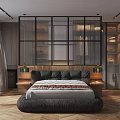 Modern Bedroom Design With Platform Bed Wooden Glass Partition Bedside Tables Green Lamps Herringbone Floor