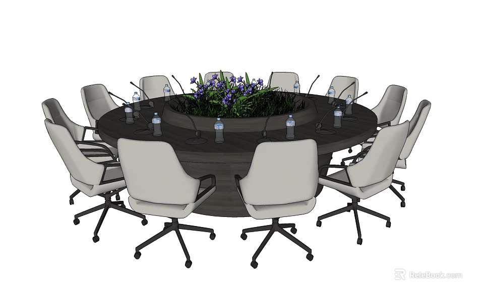 Round Conference Table With White Chairs Purple Floral Centerpiece Water Bottles And Microphones 3d model 