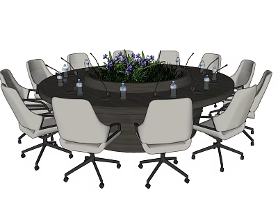 Round Conference Table With White Chairs Purple Floral Centerpiece Water Bottles And Microphones 3d model