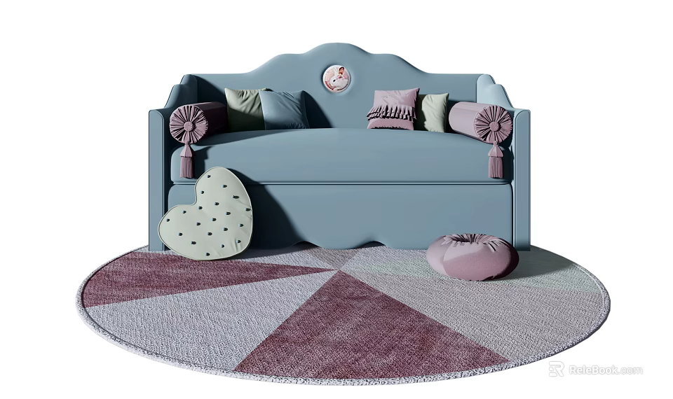 Blue Two Seater Sofa With Decorative Cushions Tassel Decorations And Round Geometric Area Rug 3d model 