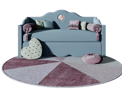 Blue Two Seater Sofa With Decorative Cushions Tassel Decorations And Round Geometric Area Rug 3d model
