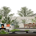 Stylish Courtyard Garden With Sofa Seating Fire Pit Dining Table Umbrella Green Plants And Lighting