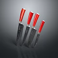 Red Handled Knives With Patterned Blades Displayed On Dark Background 3d model